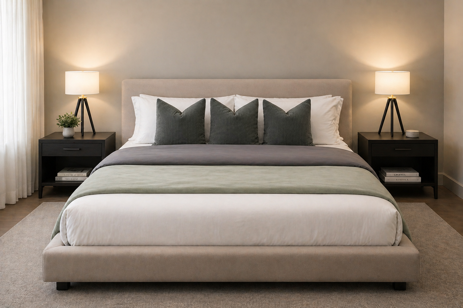 A neatly made king-sized bed with white, grey, and green bedding, three dark green pillows, and two white pillows, flanked by black nightstands with lamps and decorative items, in a modern bedroom with beige walls and a beige carpet.