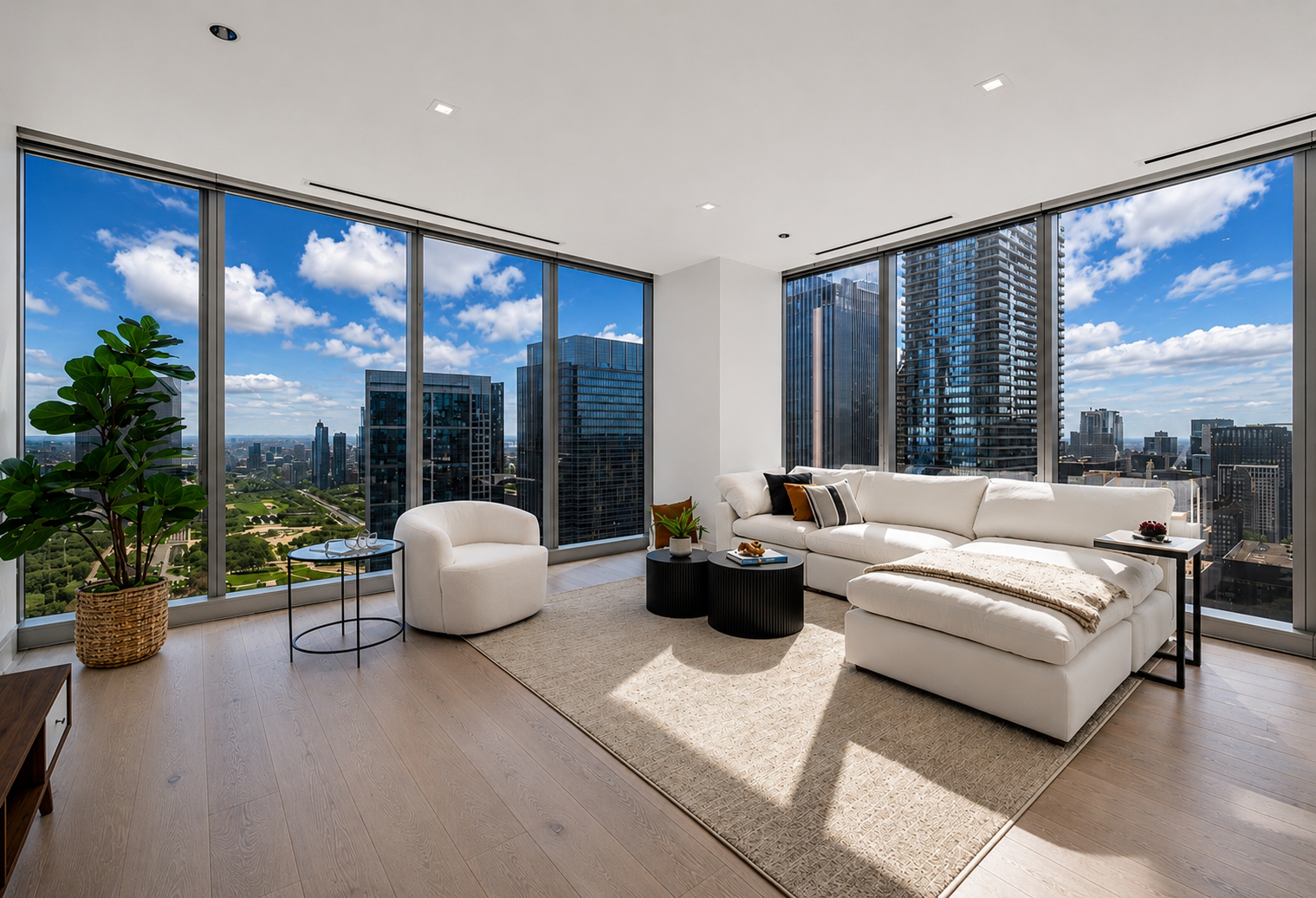 Modern living room with large floor-to-ceiling windows showcasing a city skyline with tall skyscrapers and a park with trees, featuring a white sectional sofa, a white round chair, black and brown accent pillows, black coffee tables with decorative items, a small black side table, a potted plant, and a beige area rug on light wood flooring.