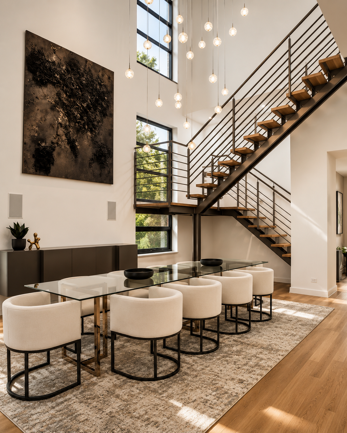 Modern dining area with a glass table, white upholstered chairs, and a wooden staircase with black metal railings and hanging pendant lights.