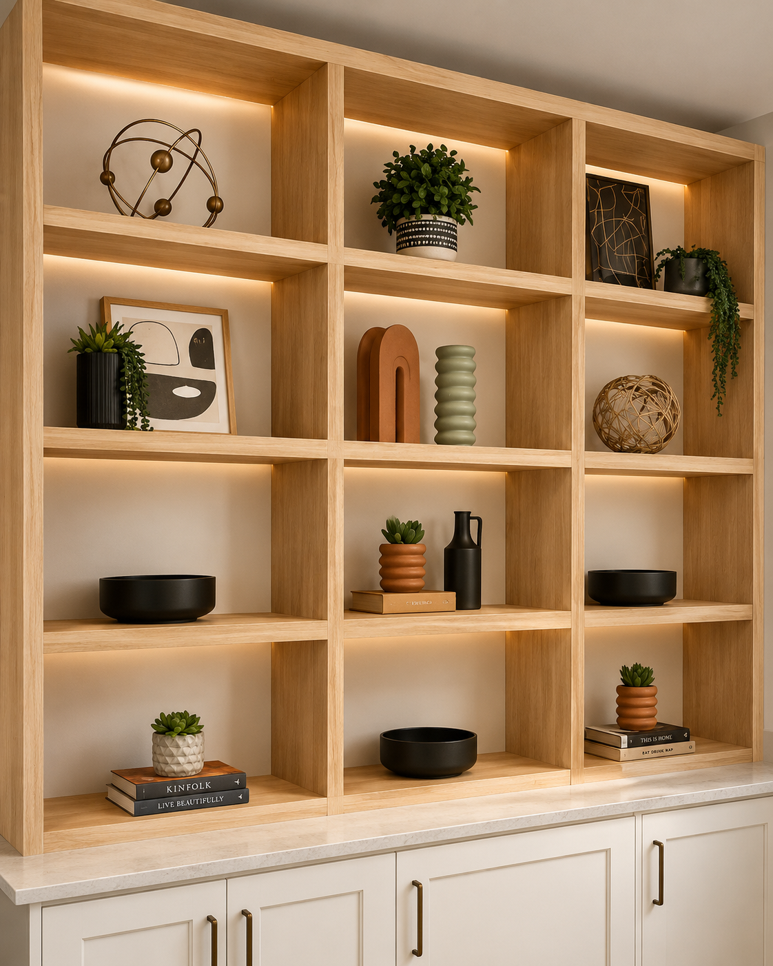Decorative wooden shelf with plants, sculptures, and books illuminated by soft lighting.