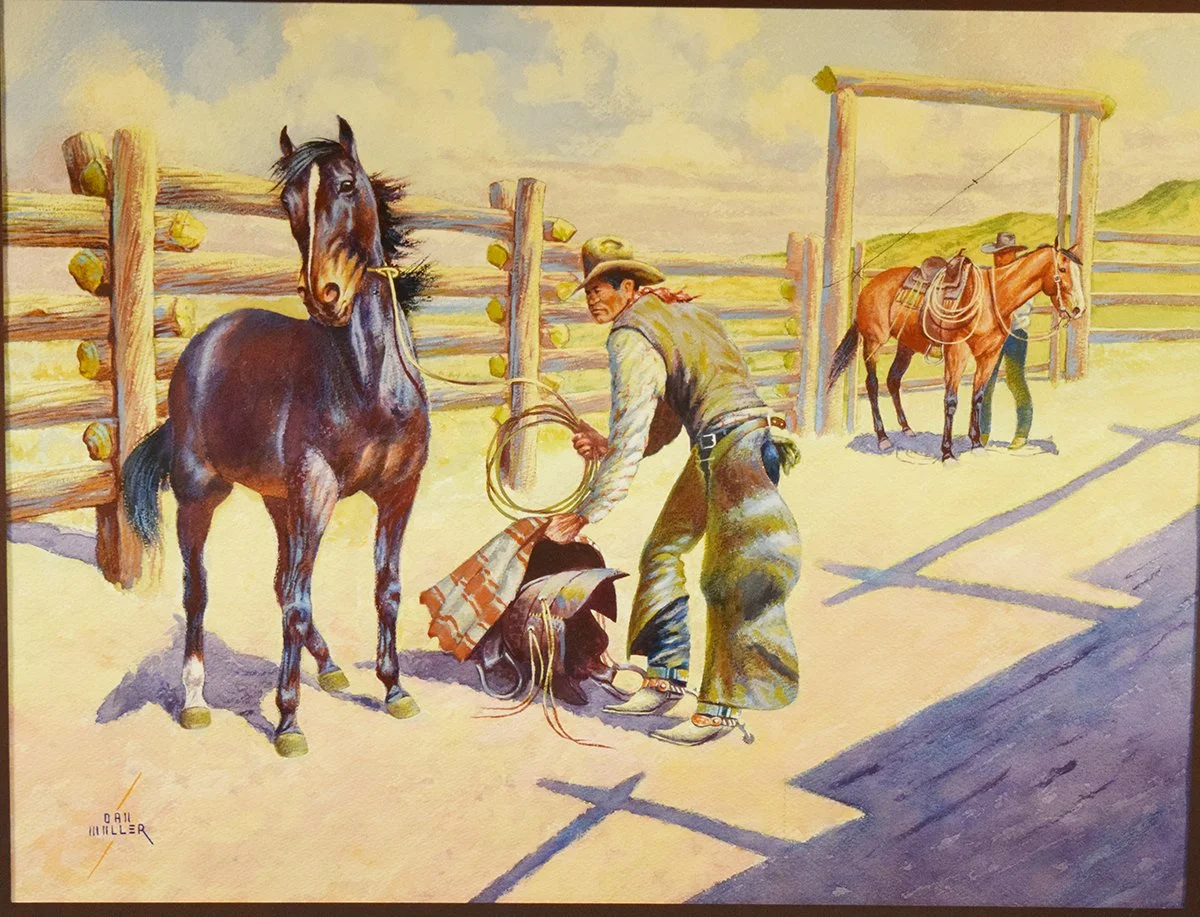 Muller, Dan, watercolor, Saddlin Up, 18” x 24”, framed, signed lower left