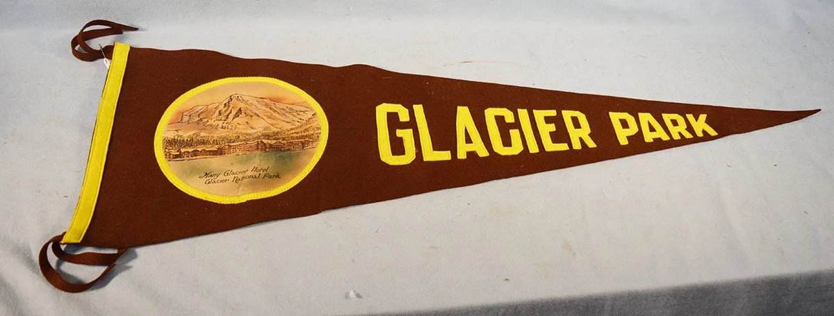 Vintage Glacier Park felt pennant featuring the Glacier Hotel
