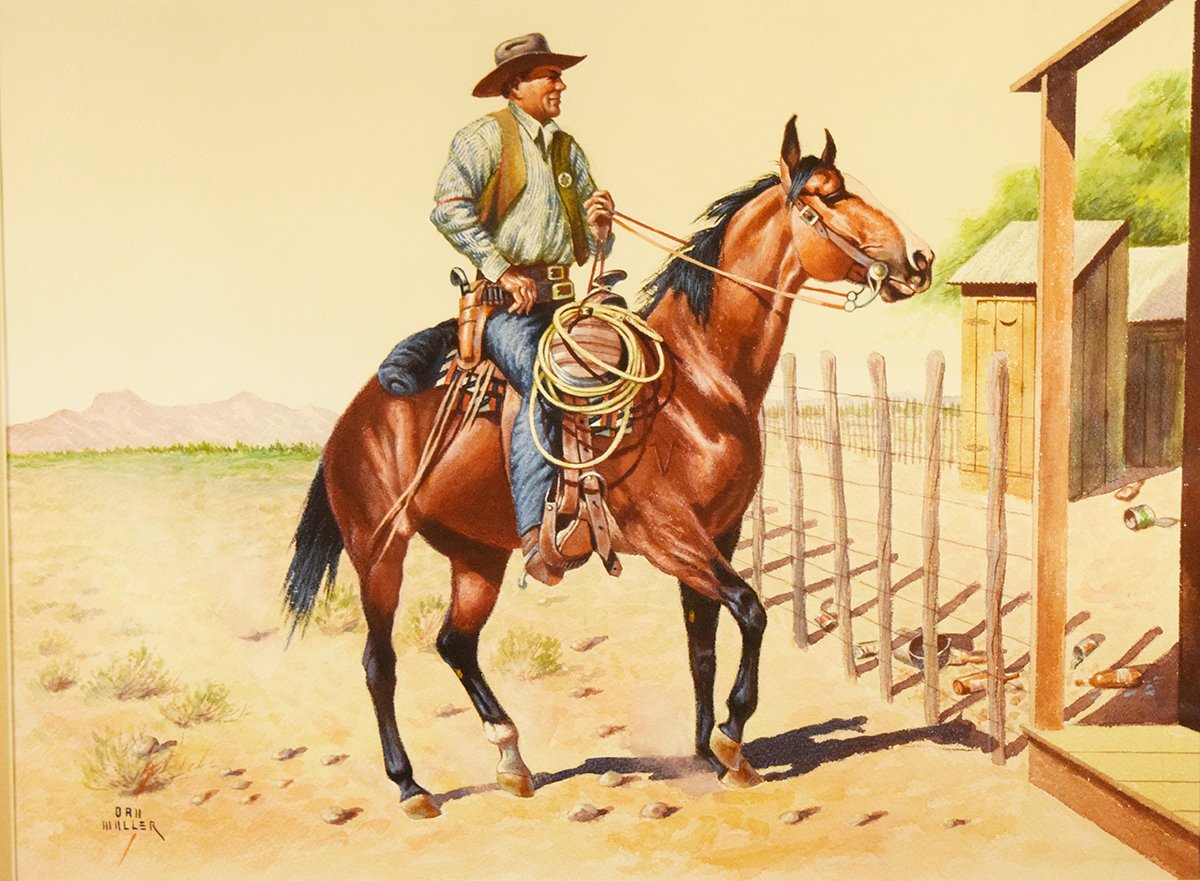Muller, Dan, watercolor & gouache, The Sheriff Calls, 18” x 24”, framed, signed lower left. 