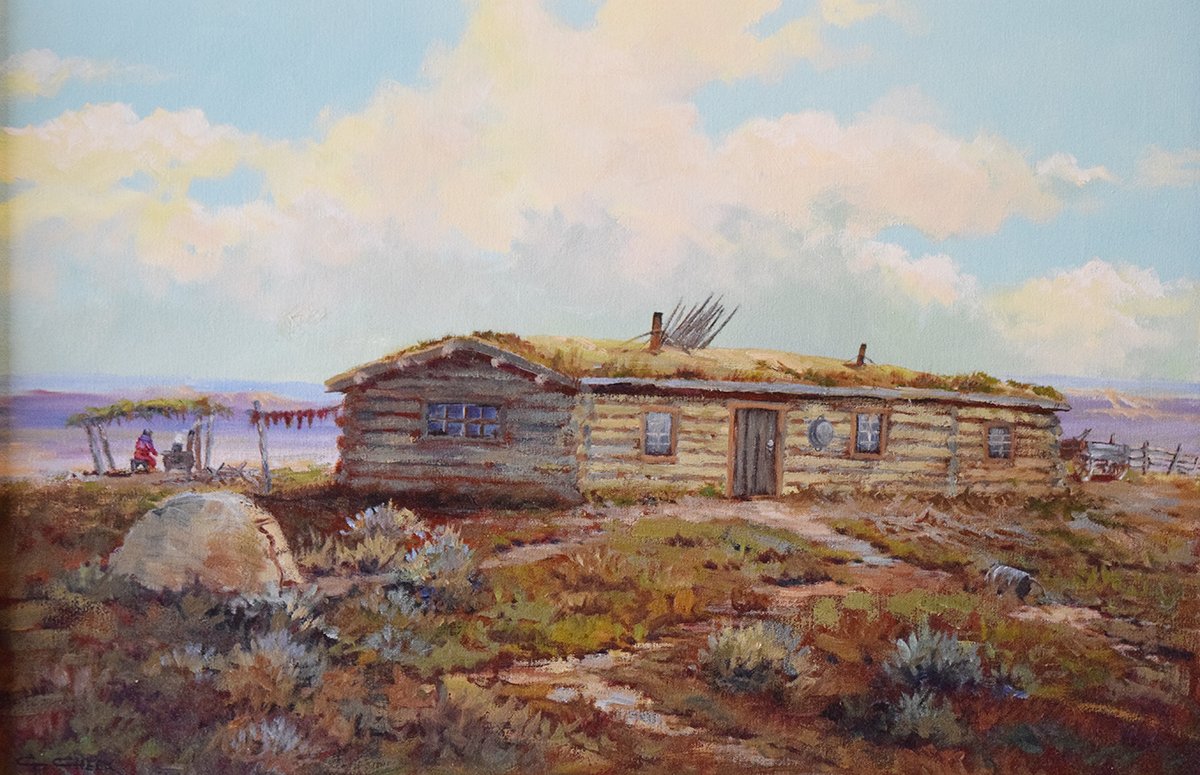 Cheek, C. R . oil painting, Log Cabin and Sweat Lodge, some restoration