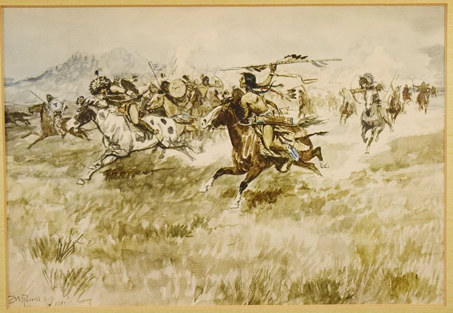 Russell, C. M., print, The Battle Between the Blackfeet and the Peigans, 9" x 13", framed,
