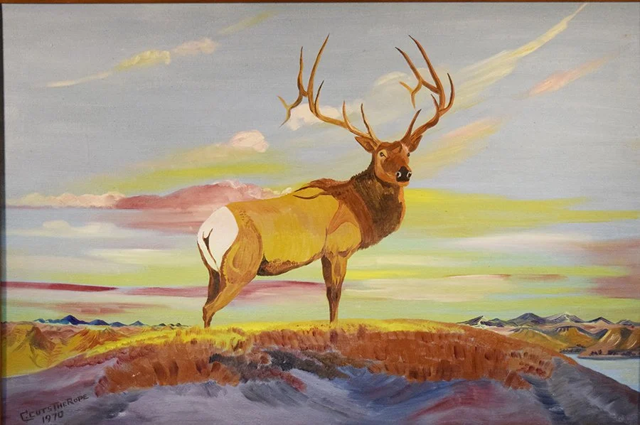 Cuts The Rope, Clarence, oil on canvas, Breaks Bull Elk, 24" x 36", framed, signed lower left, 1970