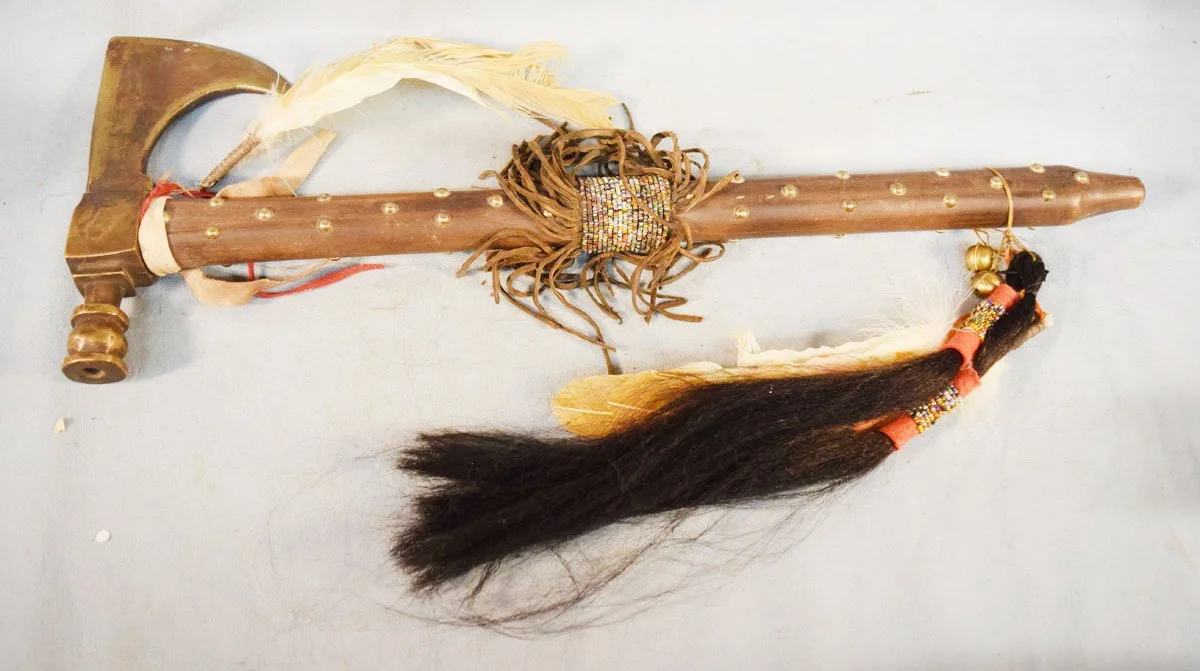 Brass Hatchet / Peace pipe, tacked and beaded w/horsehair trim, newer, 24", 9" brass head
