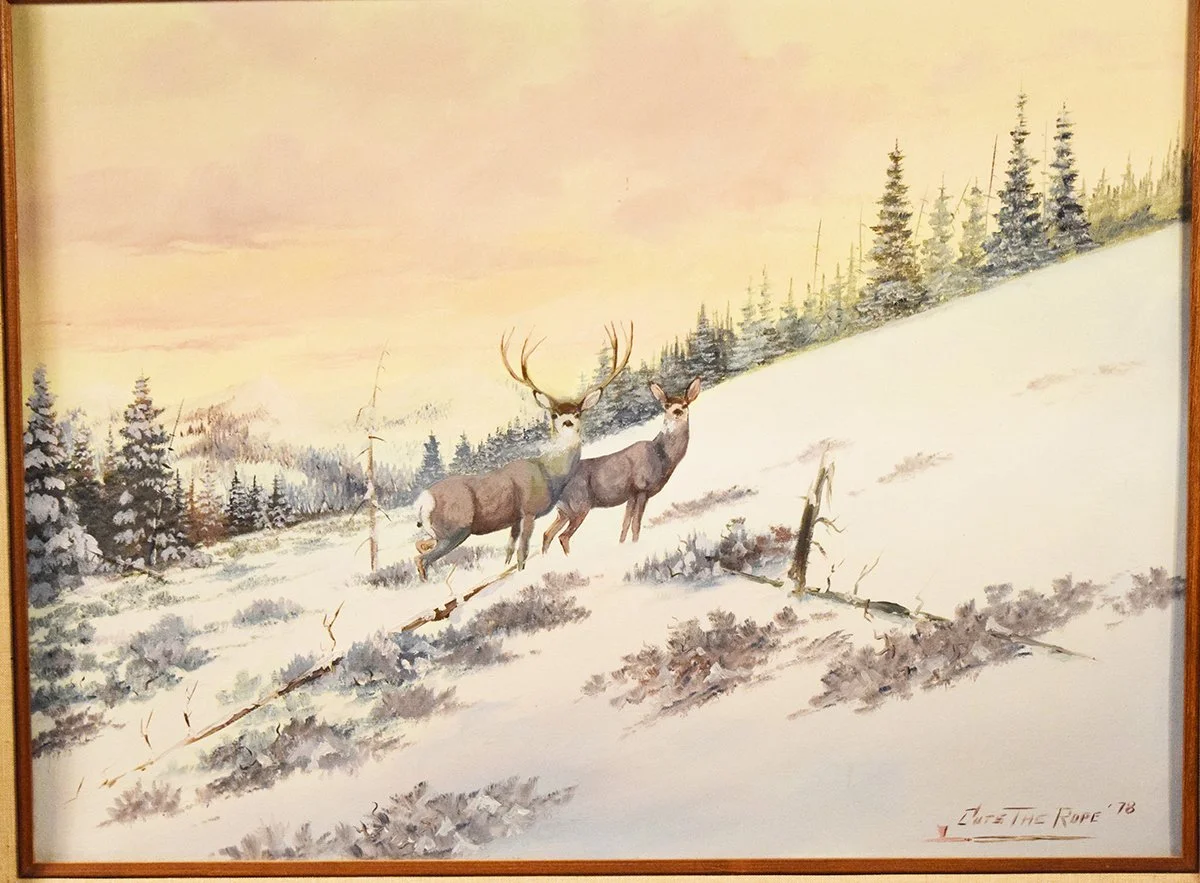 Cuts The Rope, Clarence, oil on board, Mule Deer, 18" x 24", framed, signed lower right, 1978