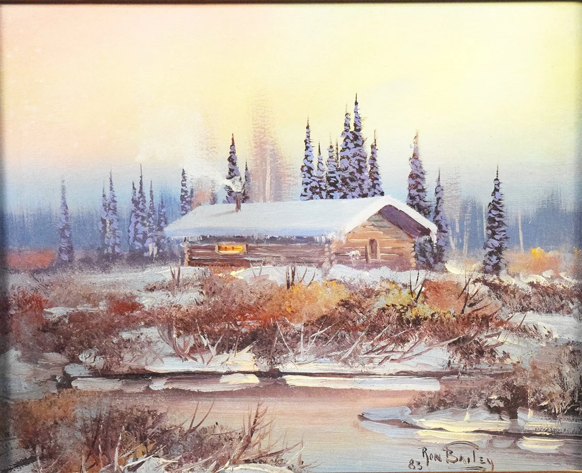 Bailey, Ron, original oil on canvas, Cabin in the Winter, 8" x 10", 1983, framed, signed lower right