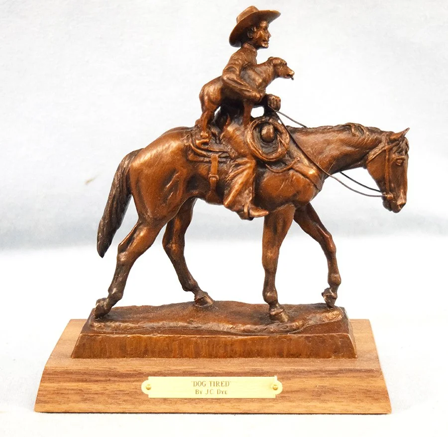 Dye, J.C., bronze, Dog Tired, 7.5" x 7" x 2", wood base, #218/285, 1994