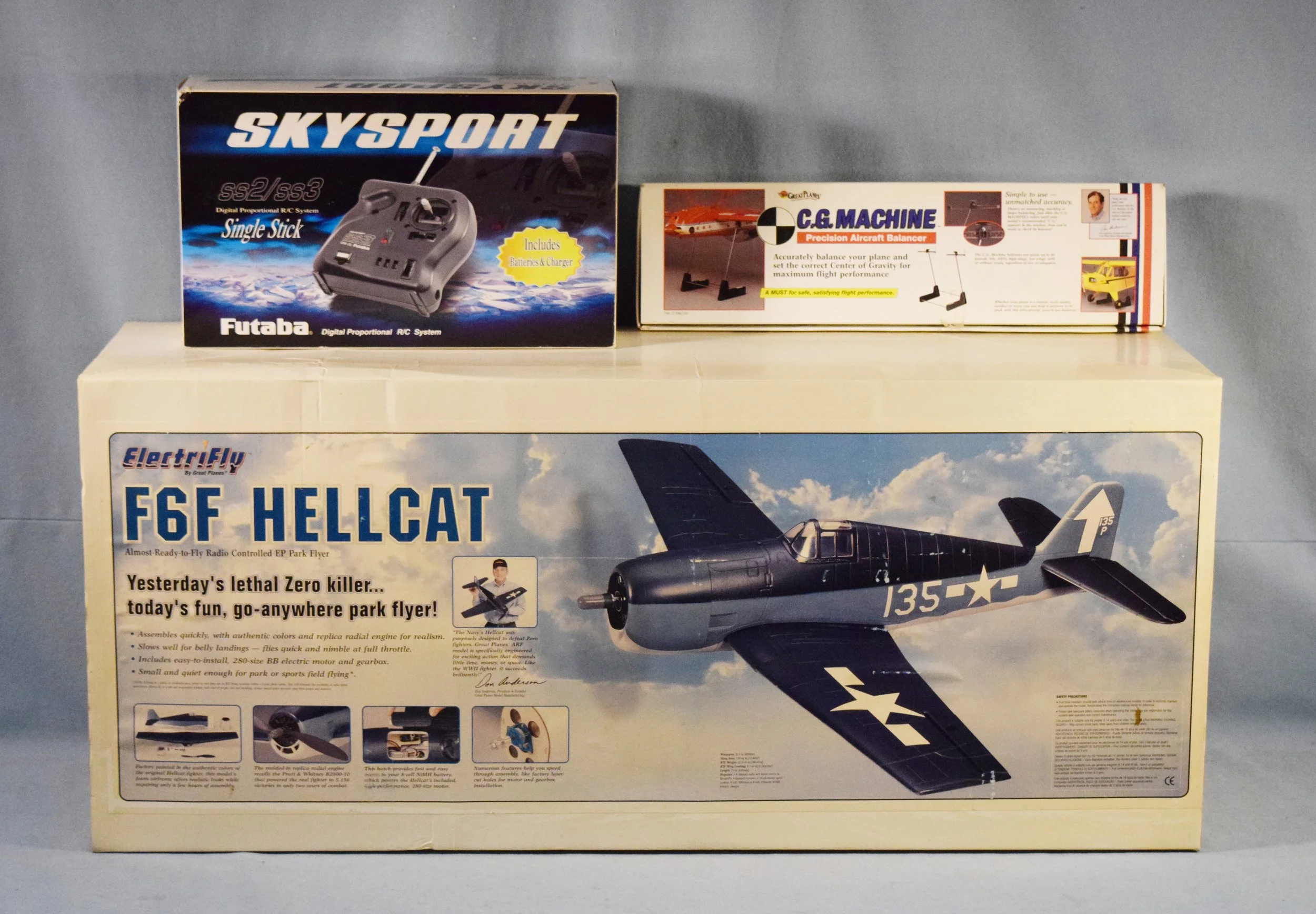 F6F Hellcat - Almost Ready-to-fly Radio Controlled EP Park Flyer, made by Great Plains, sells with Skysport SS2/SS3 digital proportional R/C system, signle stick by Futaba & C.G. Machine precision aircraft balancer