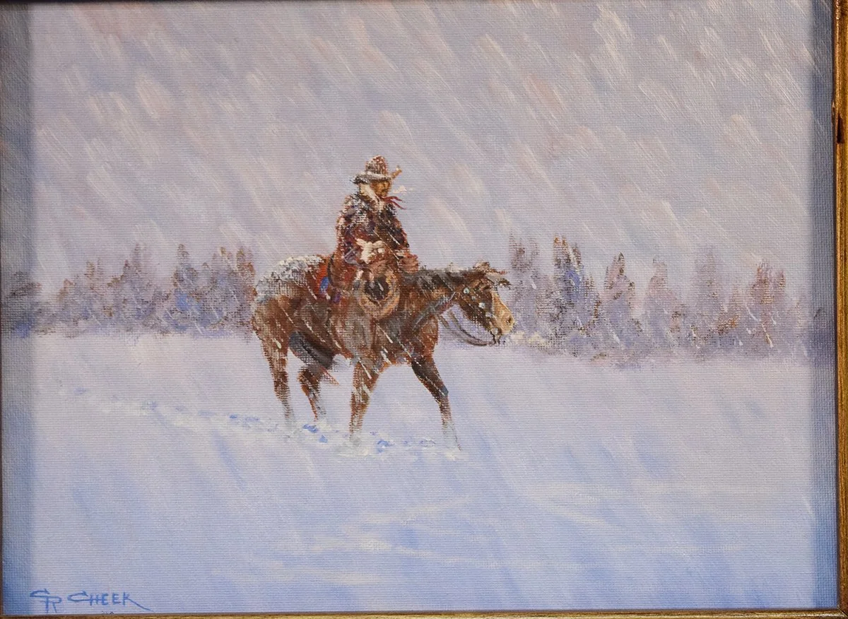 Cheek, C. R., oil on board, Cowboy With Calf, 9" x 12", framed, signed lower left, 1998