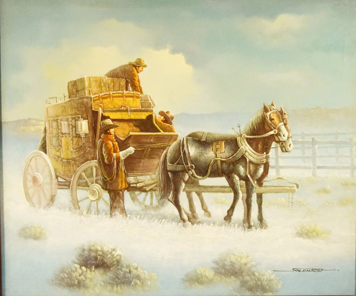 Solenson, original oil on canvas, Supply Stage Coach, 18" x 24", framed, signed lower right