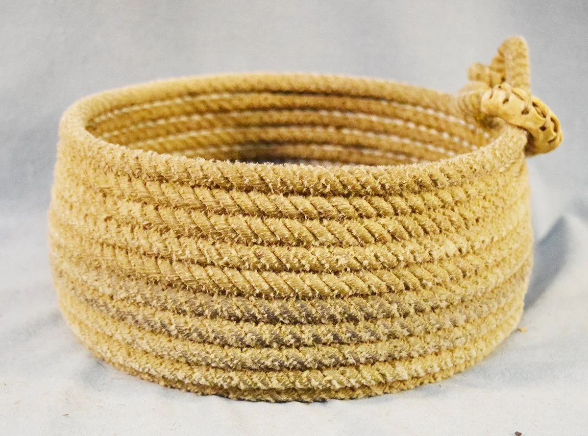 Rope basket by Quackgrass Sally, artist has been inducted in the MT Cowboy Hall of Fame, 9½" diameter, 4" tall

