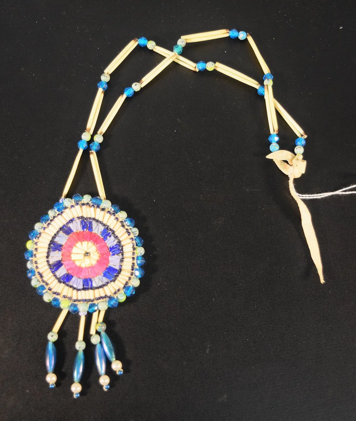 Porcupine quill necklace with quilled 3½" rosette and trade beads, 11"
