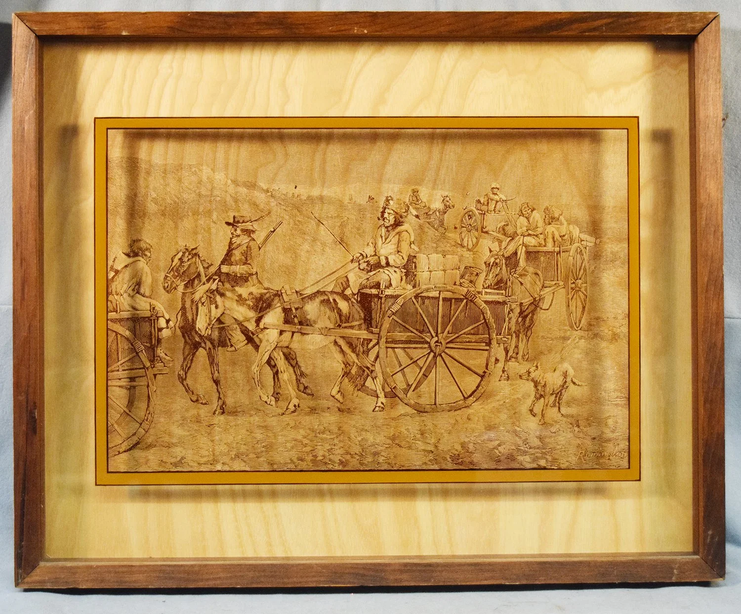 Remington, Frederick, photography on glass, Fur Train, 11" x 16", framed/photo box, produced by Lucid Lines Photography on Glass, Culver City, CA, 1974
