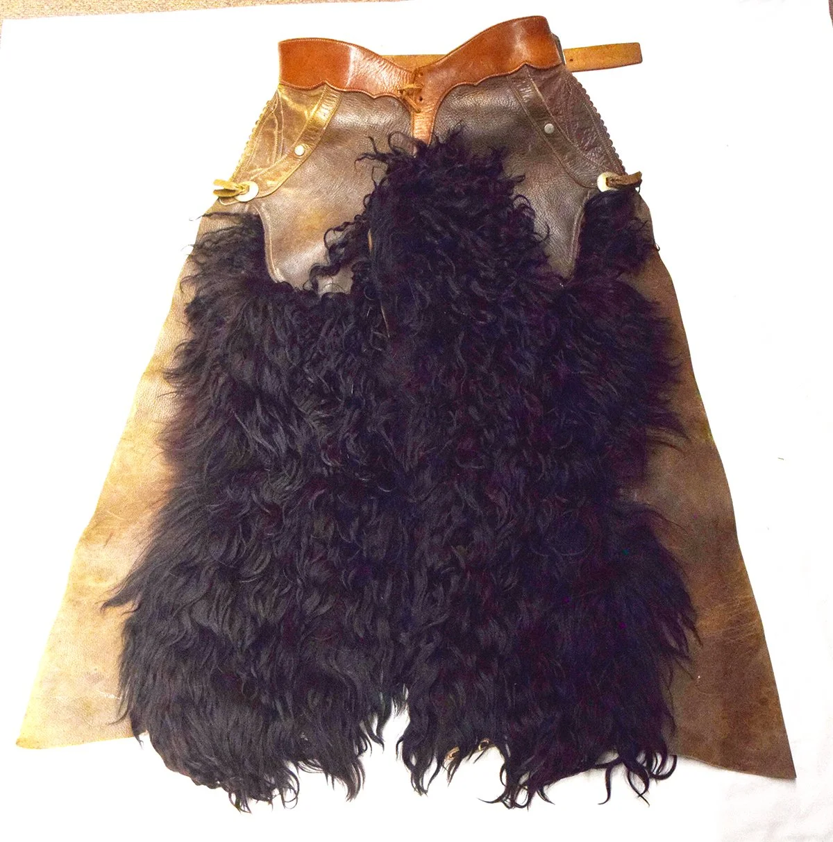 Black shiny woolie chaps, leather tops and pockets, rare
