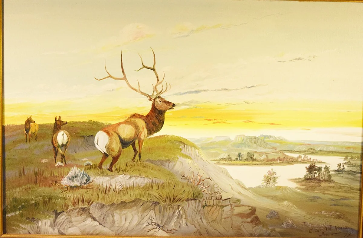 Cuts The Rope, Clarence, oil on canvas, Elk Bull, 244" x 36", framed lower right, 1972