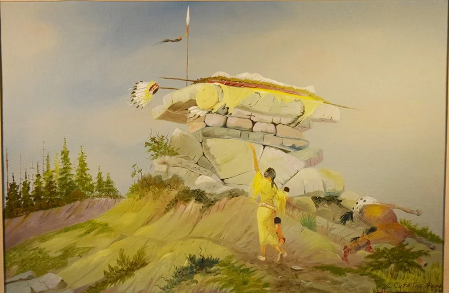 Cuts The Rope, Clarence, oil on board, Grieving The Chief, 24" x 36", framed, signed lower right, 1974