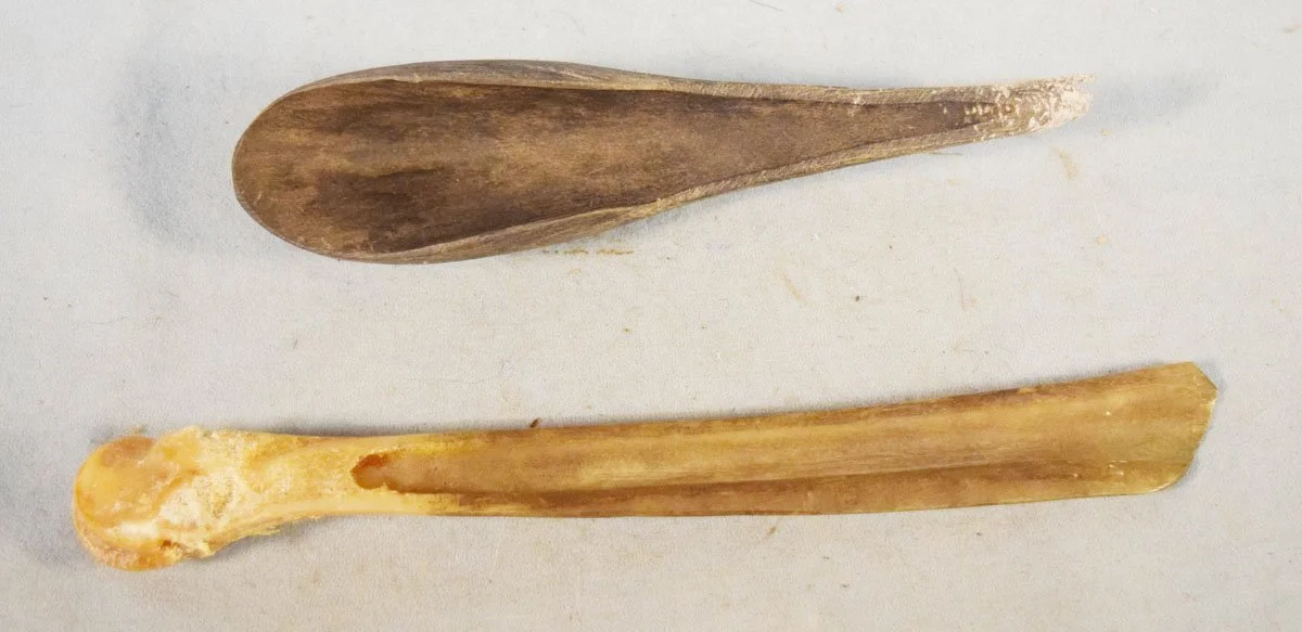 Buffalo horn scoop, 10" long & Buffalo rib fleshing tool, 12" long
