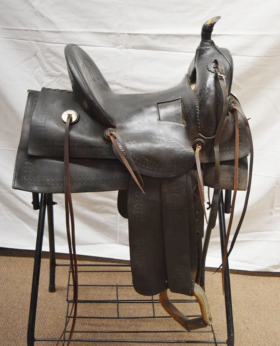 A.B. Duke, Chinook, MT, 15" western saddle, square skirt, single rigged, oxbows, has been re-strung and re-fleeced, est. 1890-early 1900
