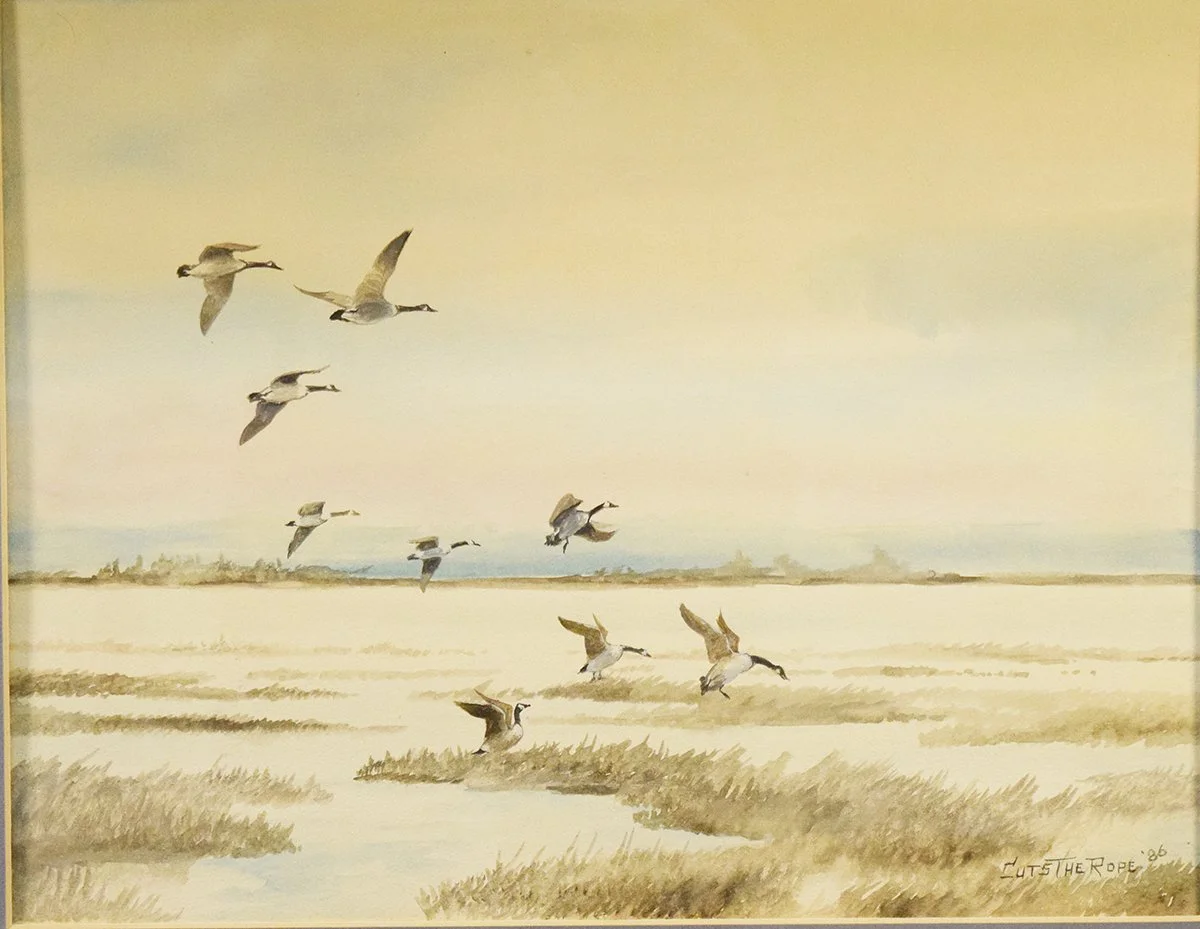 Cuts the Rope, Clarence, original water color, Geese Landing, 1986, 10½" x 13½", framed, signed lower right