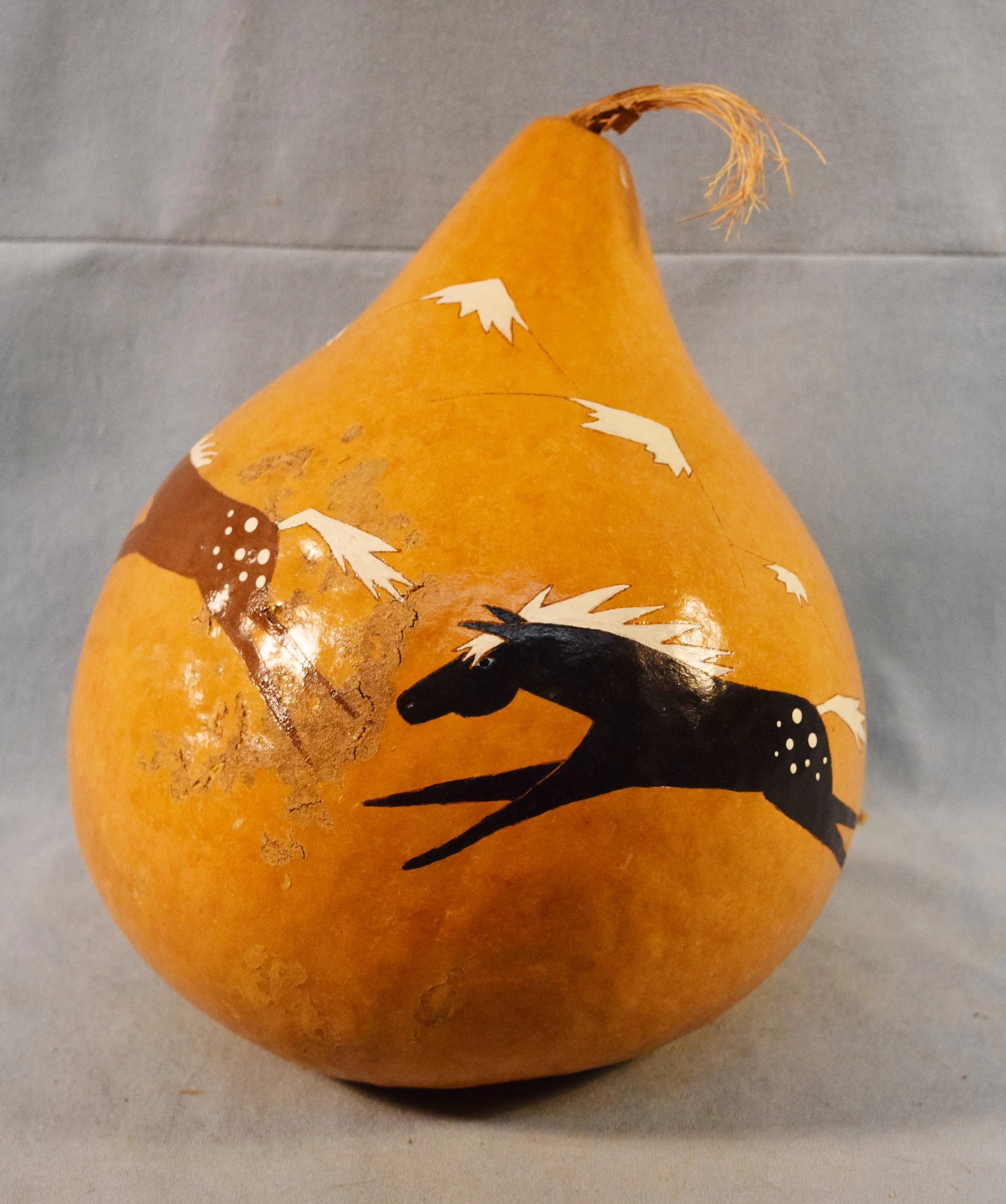 Gourd art, Horses Running, marked NINA, 11" tall