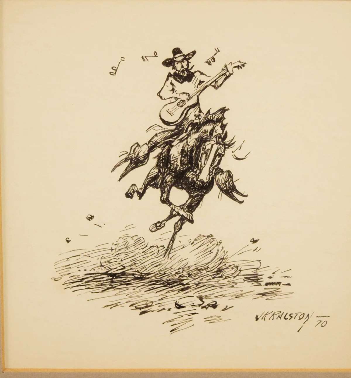 Ralston, J.K., pen and ink, Ragtime Cowboy Joe, 6" x 5.5", framed, signed lower right, 1970 