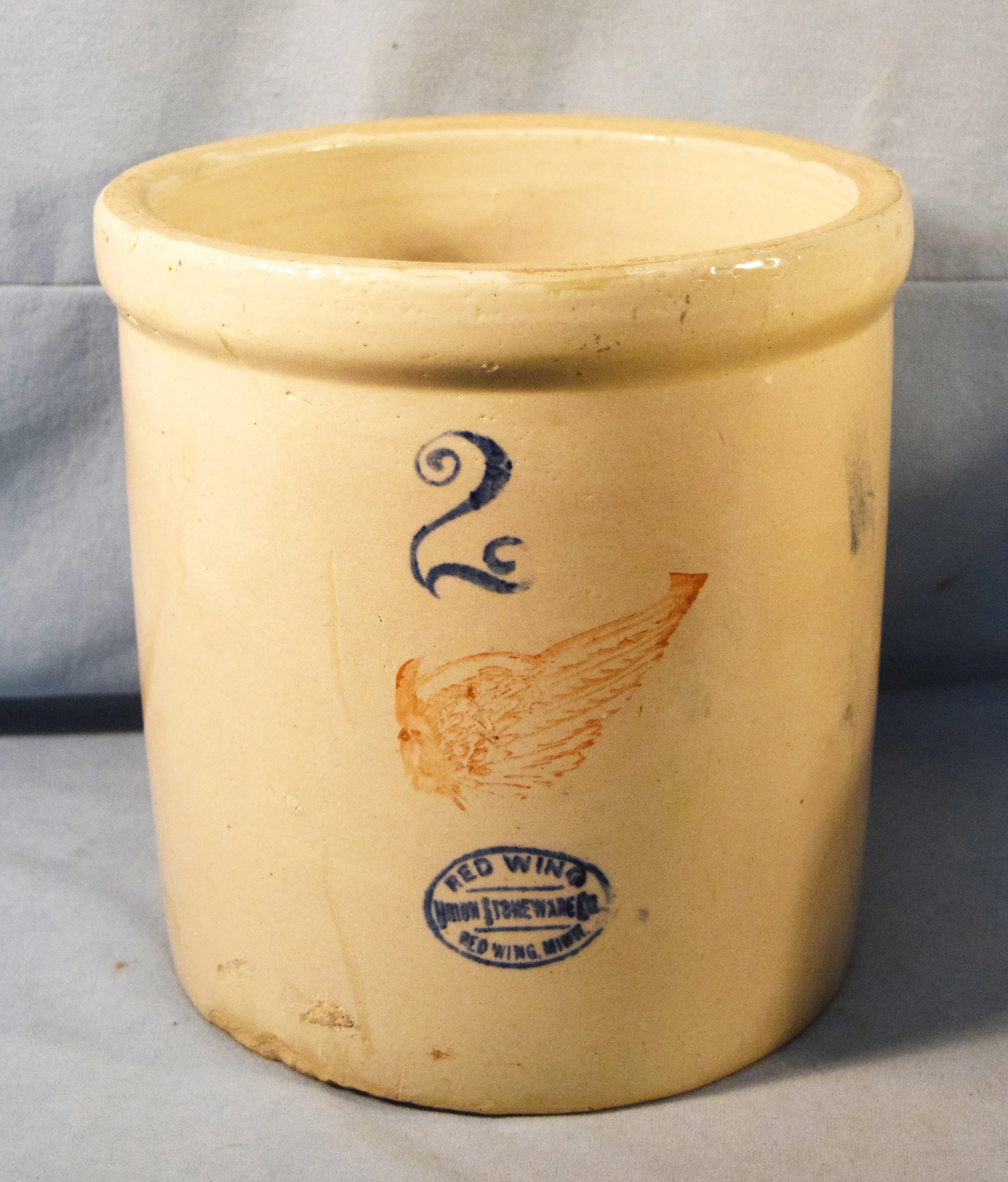 Redwing 2 gallon crock, 4" wings, hairline cracks