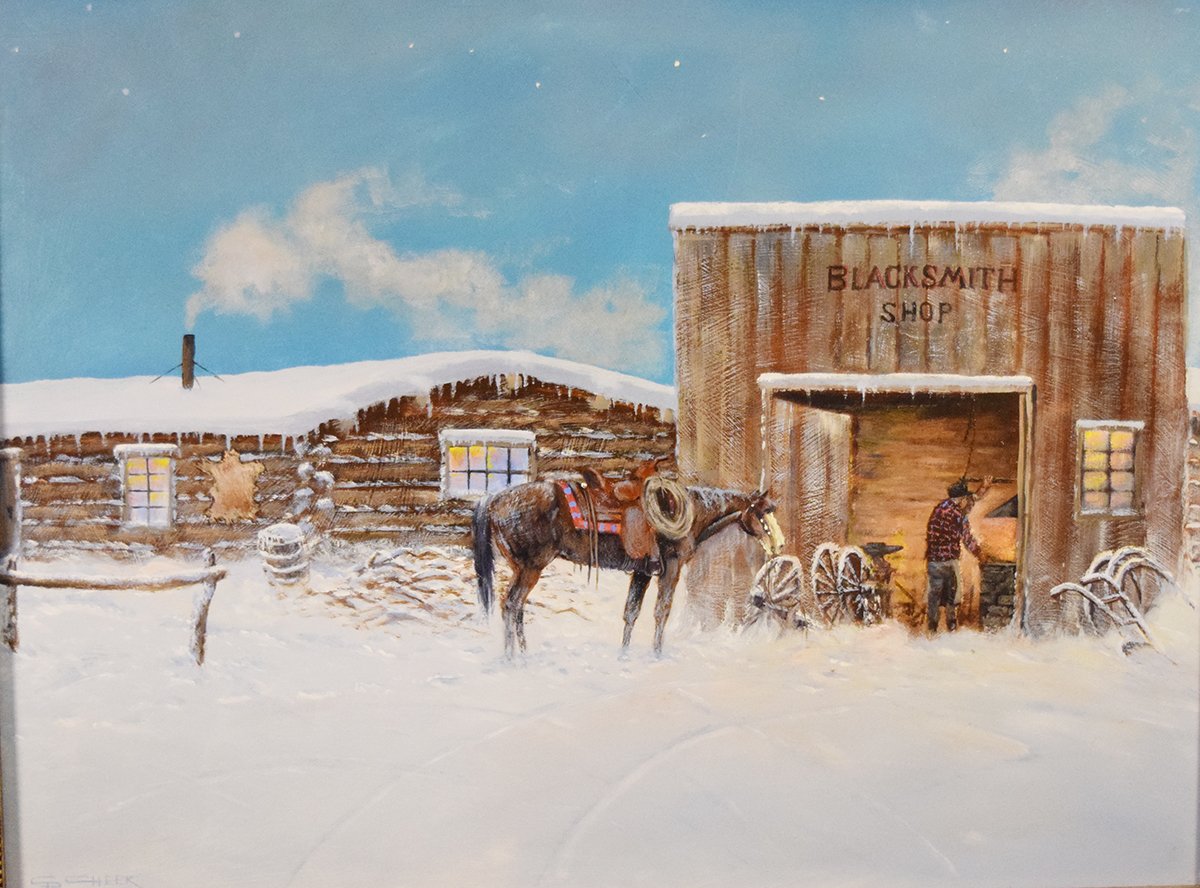 Cheek, C. R., original oil on board, Blacksmith Shop, 18" x 24", framed, signed lower left