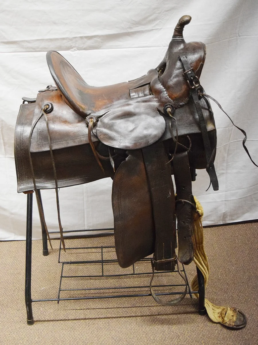 Laramie Saddlery 1890's loop seat saddle, 15", successors to Lohlein & Stewart, single rigged, square skirt, ox bows, fleece is rough, RARE
