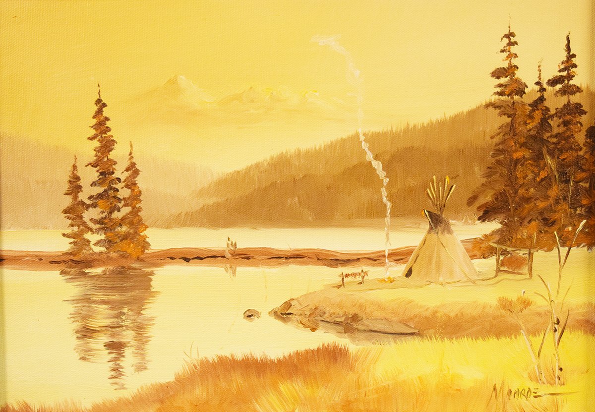 Monroe, Bob, original oil on canvas, Fall Teepee Camp, 10" x 14", framed, 1983, singed lower right