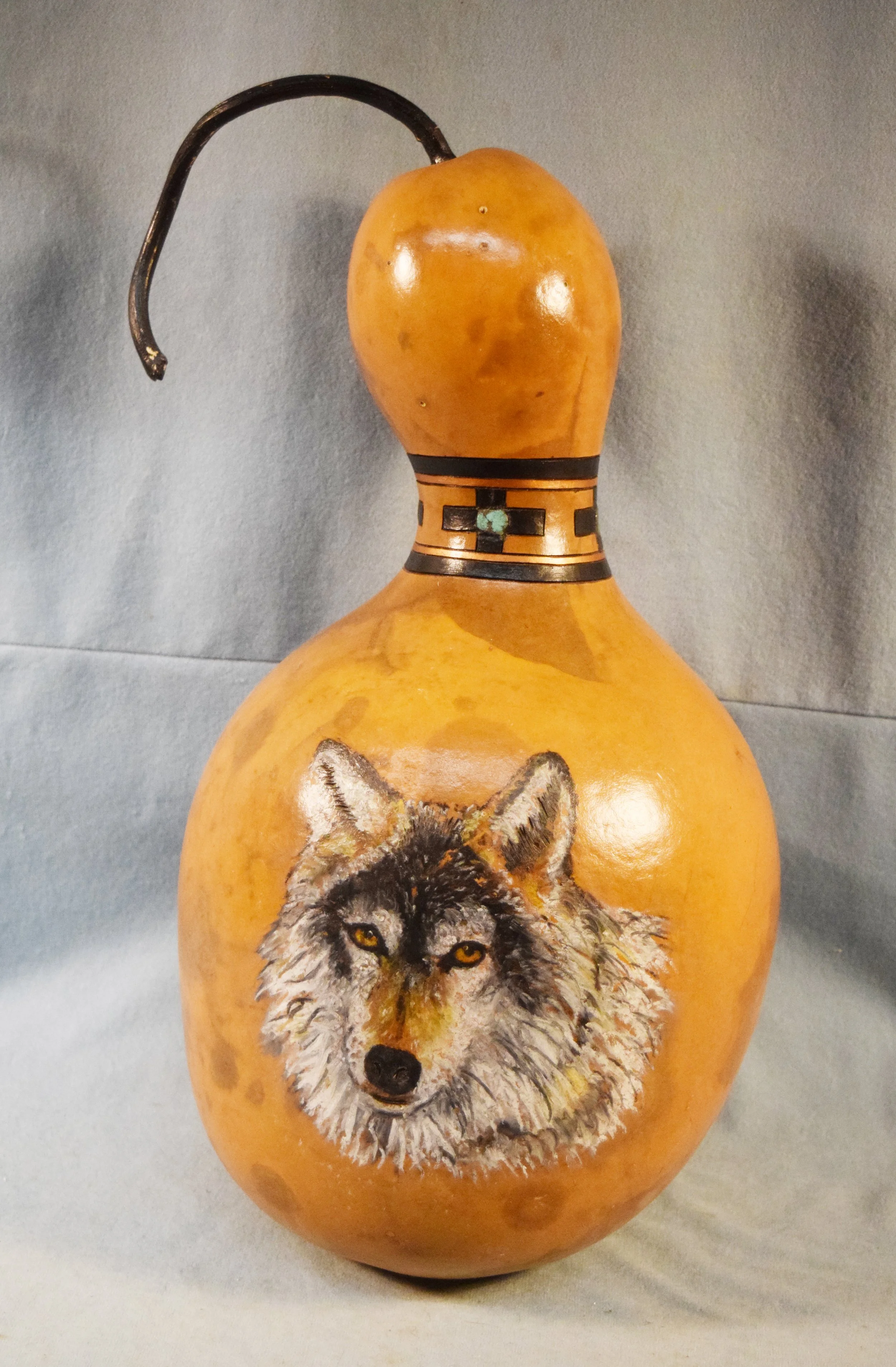 Madariaga, Shelly, hand painted gourd, Wolf, 17.5" tall, signed, 2003