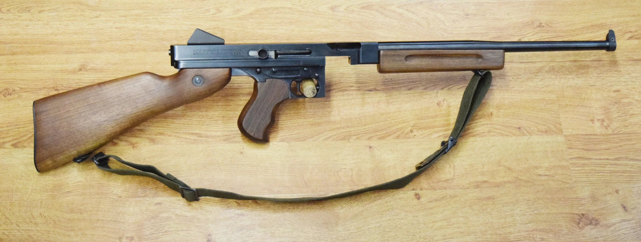 Auto Ordnance U.S. M1 submachine gun, .45 auto, semi-automatic copy of original automatic gun issued in later years of WW2, s# KC1438, nylon web sling