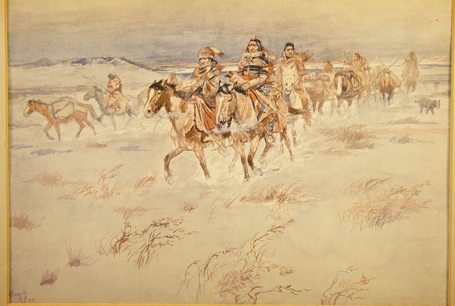 Russell, C. M., print, Crees Coming in to Trade, 9" x 13", framed 