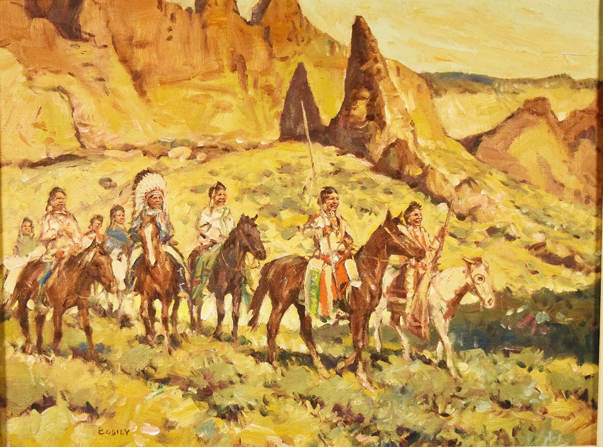 Bodily, Cheryl, original oil on canvas, The War Party, 18" x 24", framed, signed lower left, second painting, Packing In, on reverse side of canvas