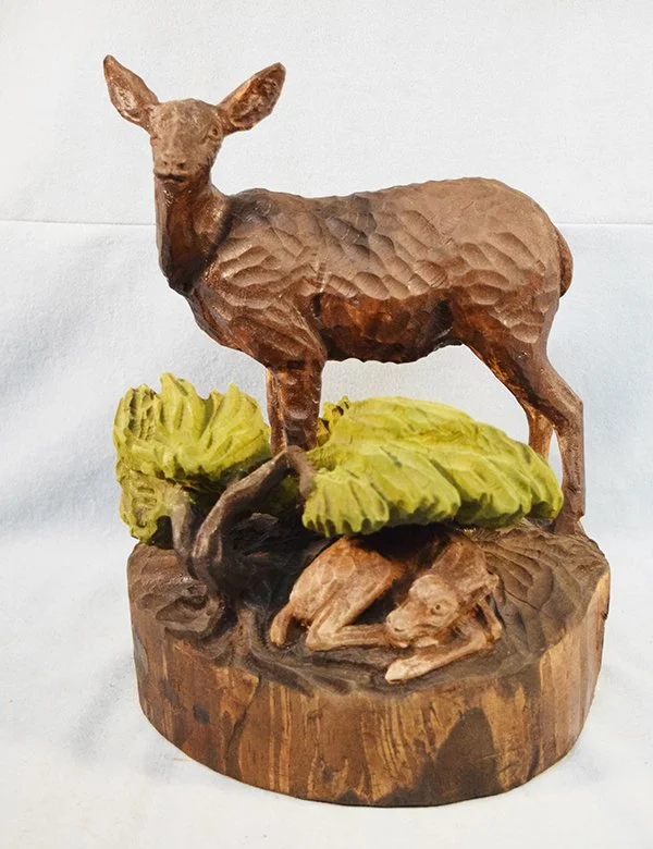 Orhrmann, Bill, wood sculpture, Doe and Fawn, 11.5" x 9.5" x 9.5", cleaned and new stain