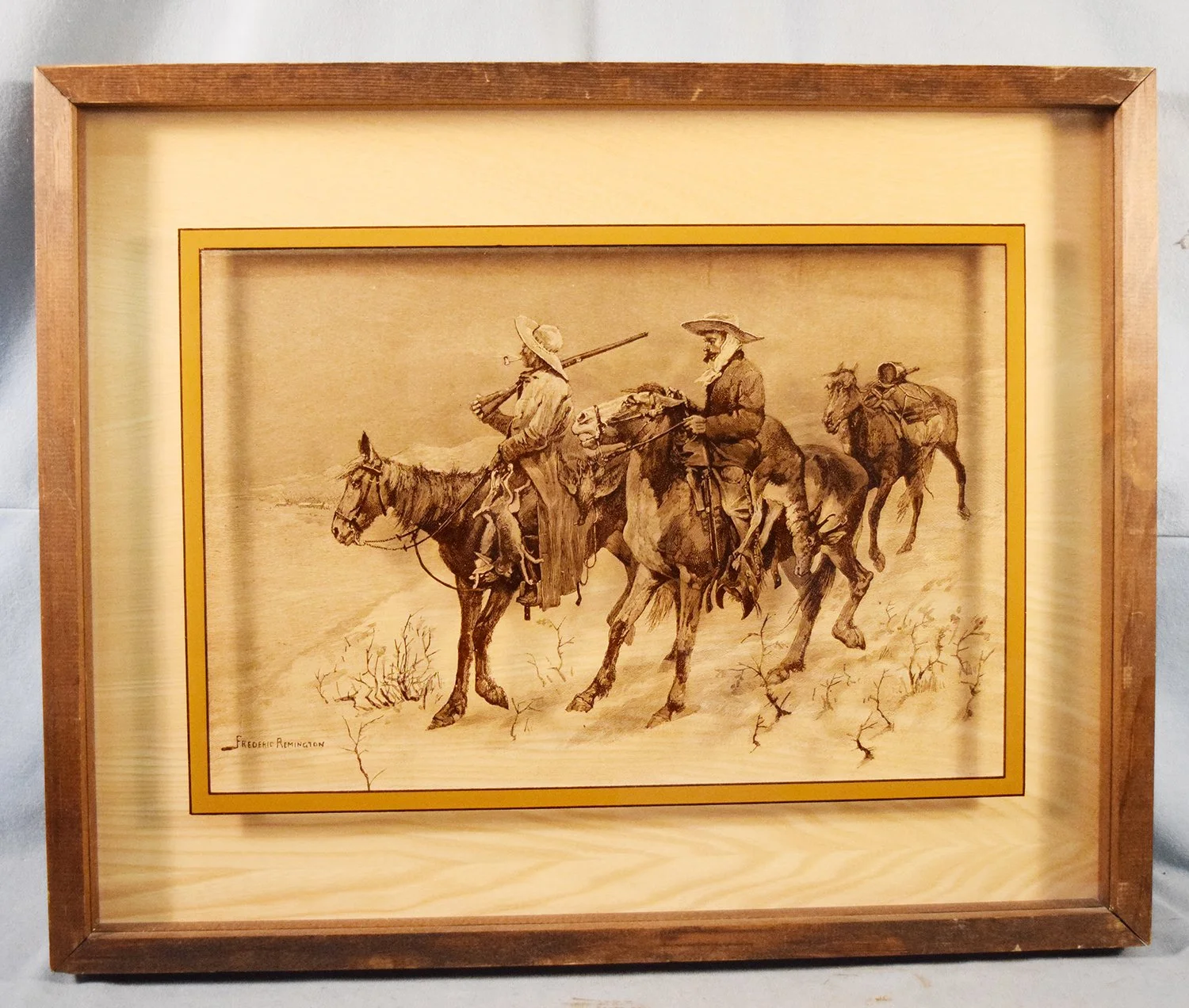 Remington, Frederick, photography on glass, Hunting Party 11" x 16", framed/photo box, produced by Lucid Lines Photography on Glass, Culver City, CA, 1974
