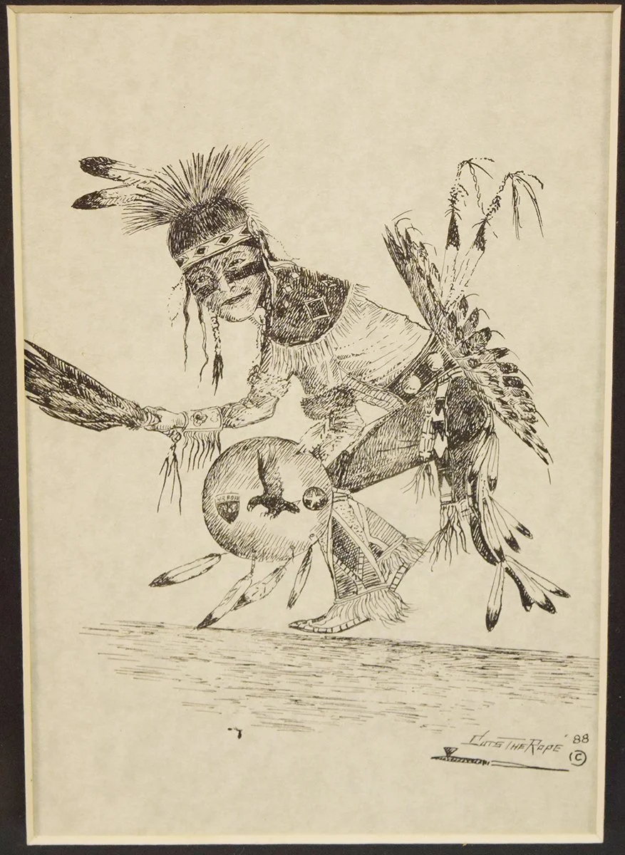 Cuts The Rope, Clarence, pen/ink, Indian Dancer, 6.5" x 4.5", framed, signed lower right, 1988