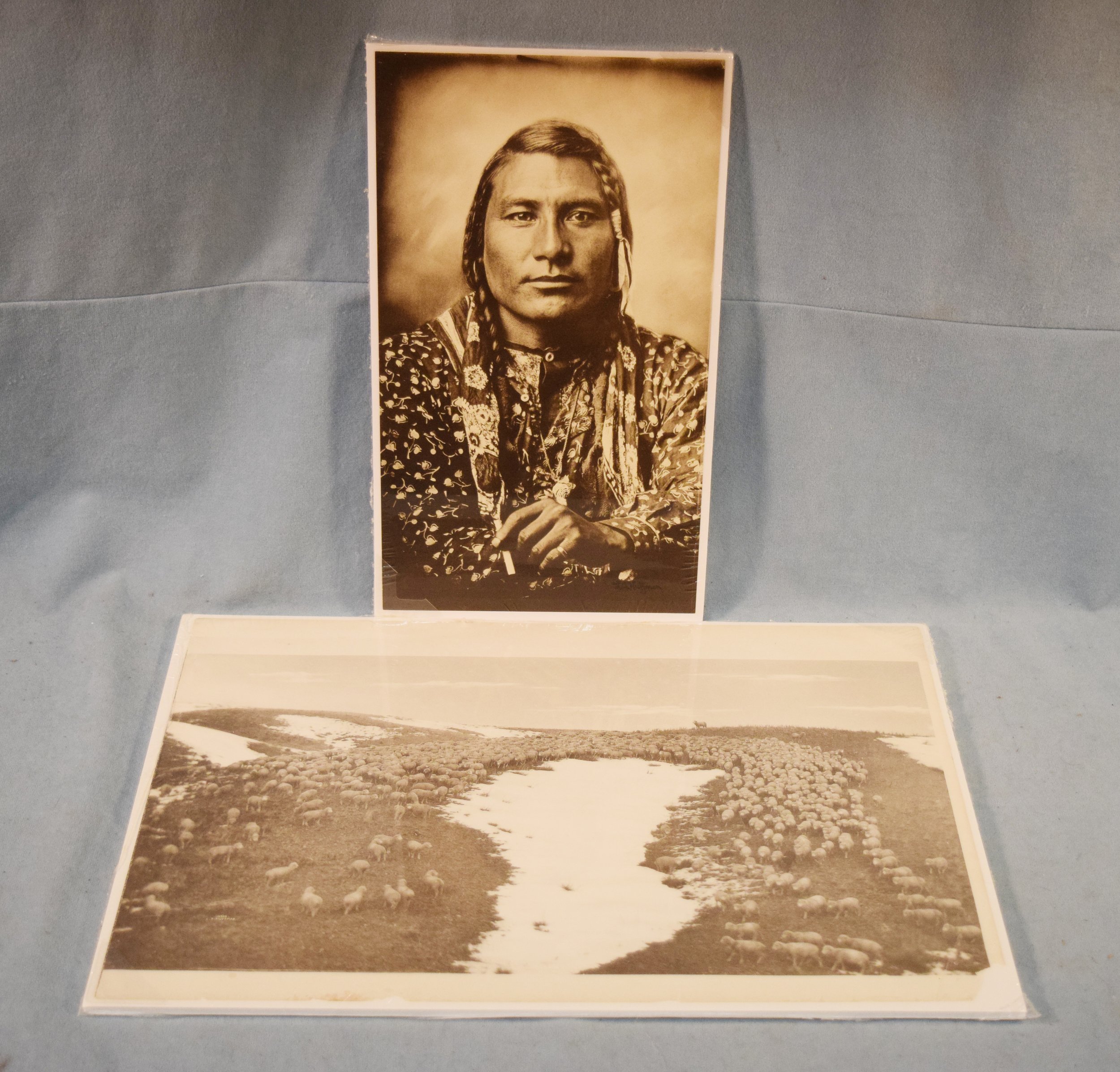 (2) L.A. Huffman prints: Indian, 12.5" x 7" & Band of Sheep, 1908, 9" x 16"