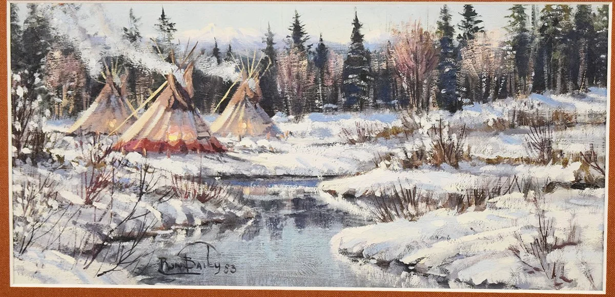 Bailey, Ron (1943-1984), oil on board, Winter Camp, 12" x 6", framed, signed lower left, 1983