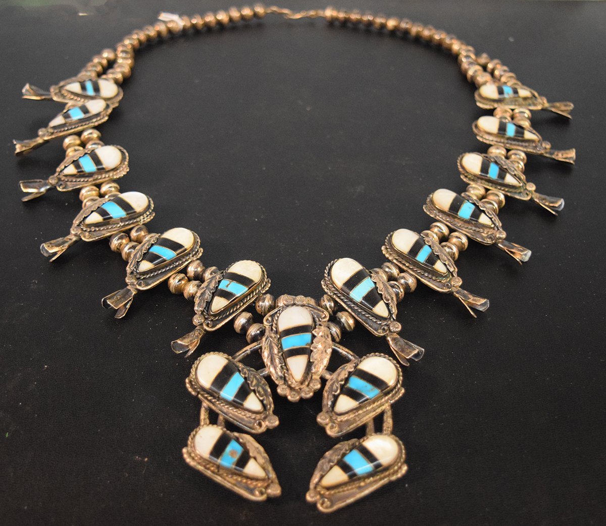 Mother of Pearl, Onyx & Turquiose squash blossom in sterling silver, marked RAB