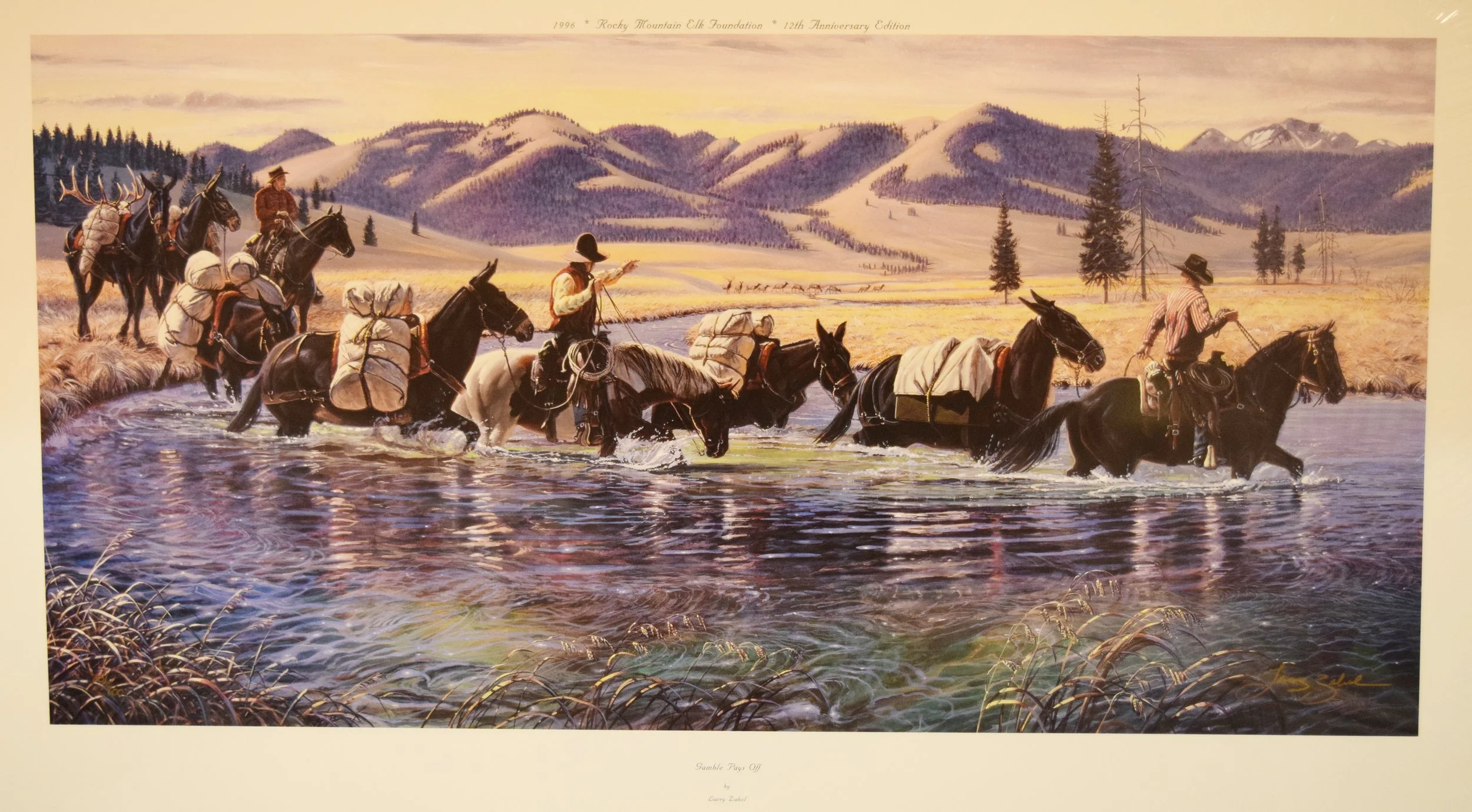 Zabel, Larry, limited edition lithograph, Gamble Pays Off, 14" x 31", signed & numbered, #19/32, signed lower left, Rocky Mountain Elk Foundation 12 Anniversary Edition