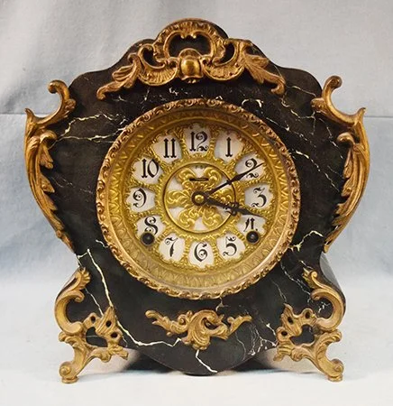 Irish 8 day mantle clock, maker sticker partially torn, 11" x11" x 6", patent 1898