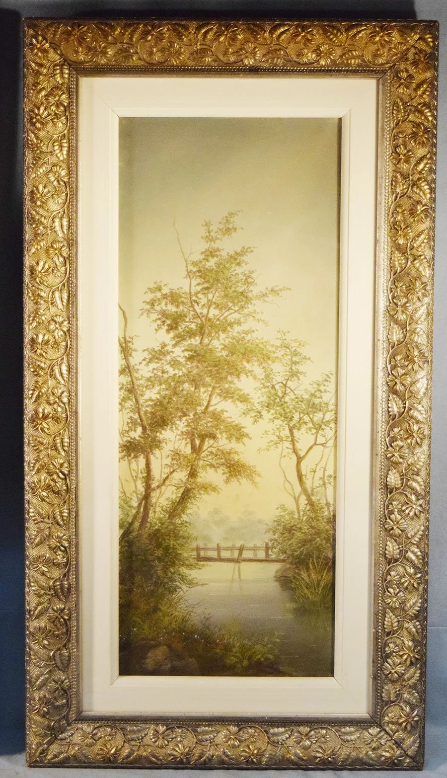 Vintage pastel landscape painting, hand blown glass, pewter frames, 29" h x 12" w 
