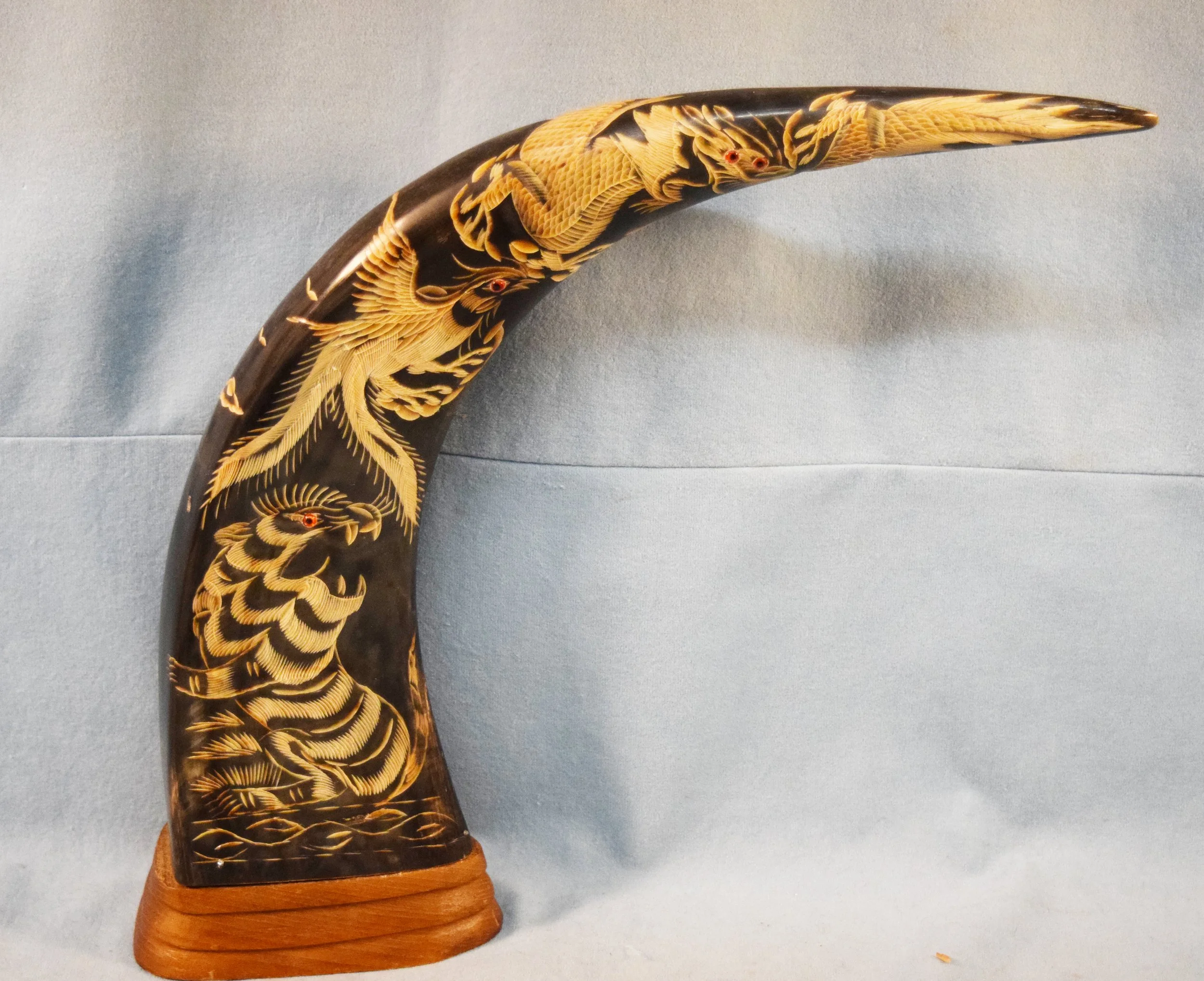 Engraved black horn with lizard & bird engraving