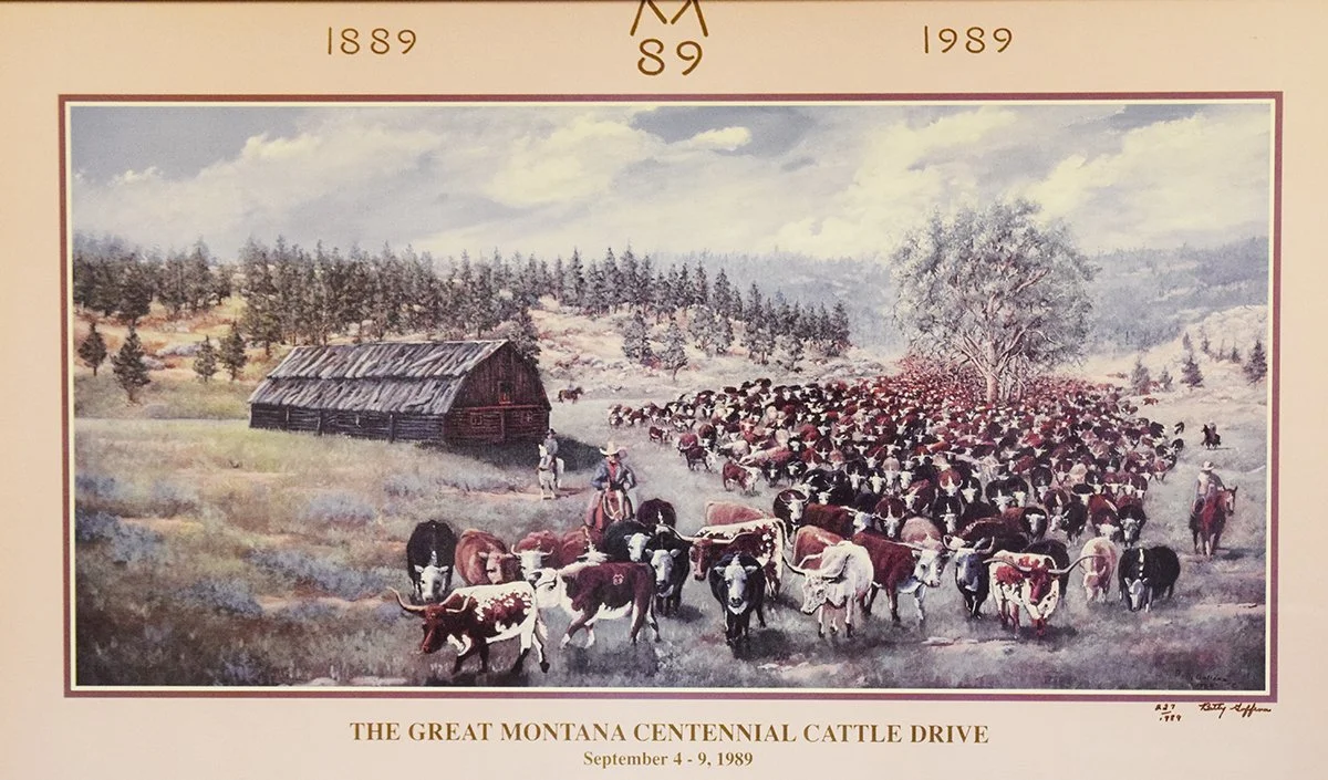 Goffena, Betty, print, Trail Boss at Thrity Mile - The Great Montana Centennial Cattle Drive 1989, #227/1989, framed, 17" x 28", signed, lower right, includes (1) bottle fot The Big Drive of '89 Coca-Cola Classic
