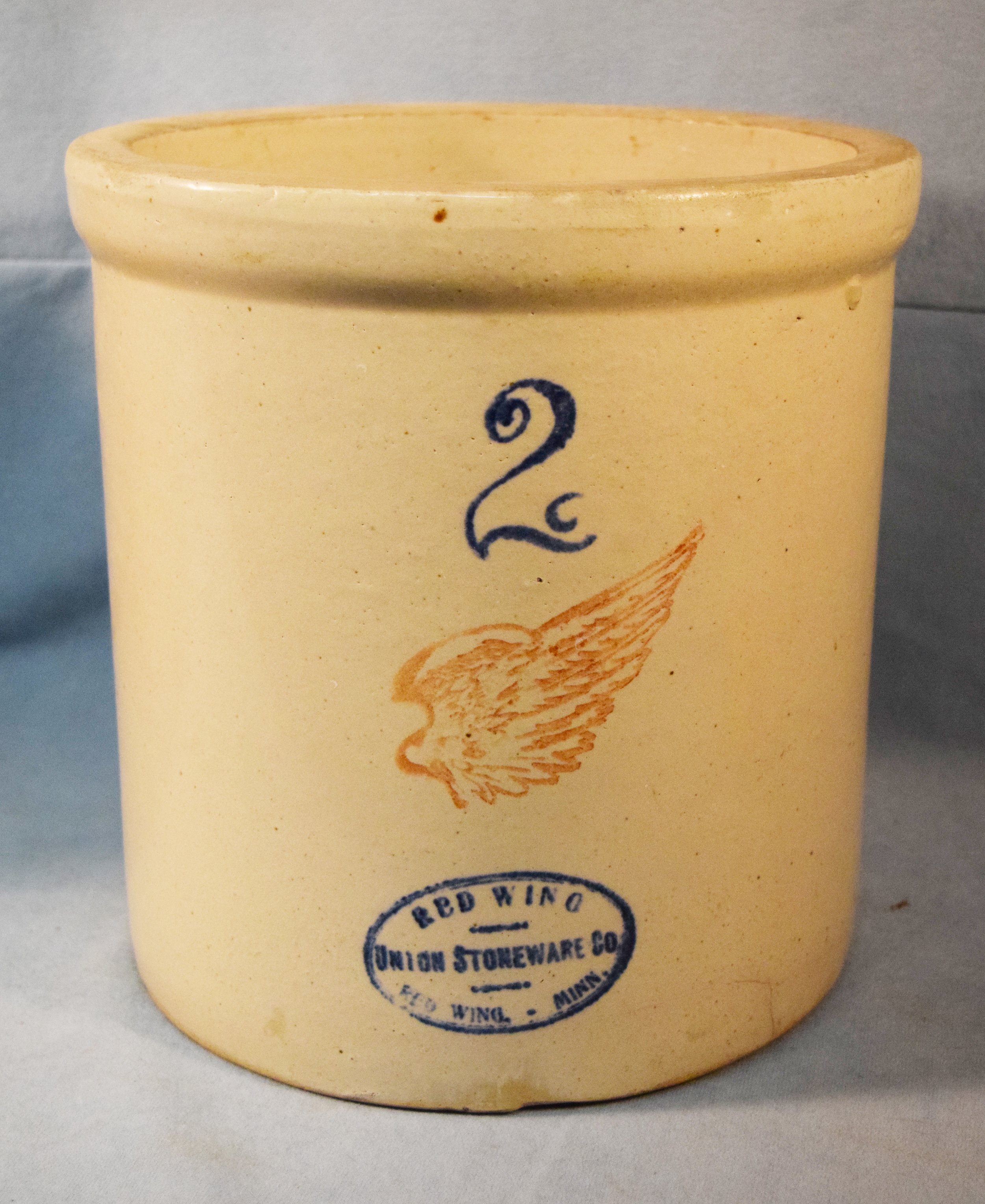 Redwing 2 gallon crock, 4" wings, hairline cracks
