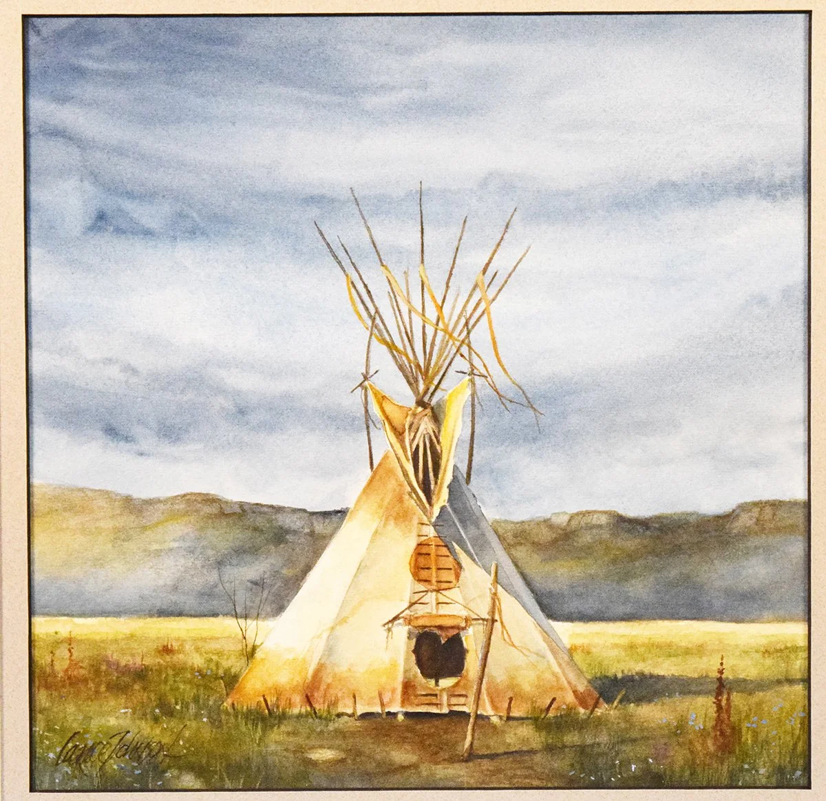 Johnson, Lance (Billings, MT), watercolor, TeePee, 9.5" x 9.5", framed, signed lower left