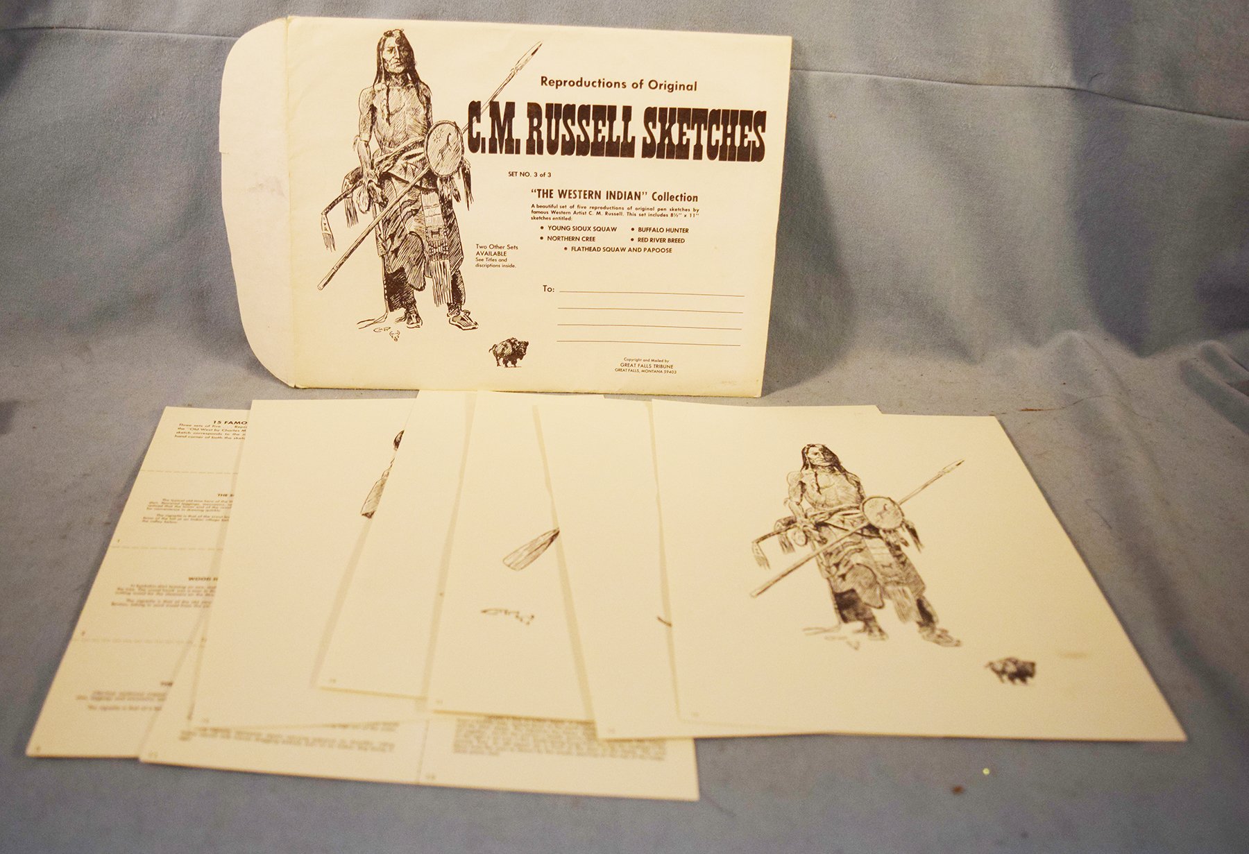 (5) C. M. Russell sketches, Western Indian Collection, 11" x 8½", published by the Great Falls Tribune, includes Flathead Squaw & Papoose, Red River Breed, Northern Cree, Buffalo Hunter & Young Sioux Squaw

